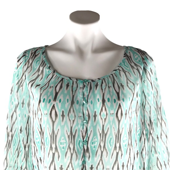 The Limited Shirt Womens Med Green Black Sheer Blouse Quarter Button 3/4 Sleeve - Picture 3 of 10